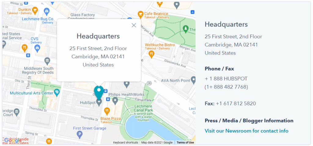 Map pinpointing HubSpot HQ in Cambridge, MA for a digital marketing agency site.