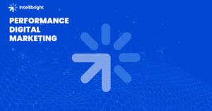 Blue graphic with Intellibright logo, "Performance Digital Marketing," and upward arrow symbolizing top SEO, content marketing, and paid media agency growth.