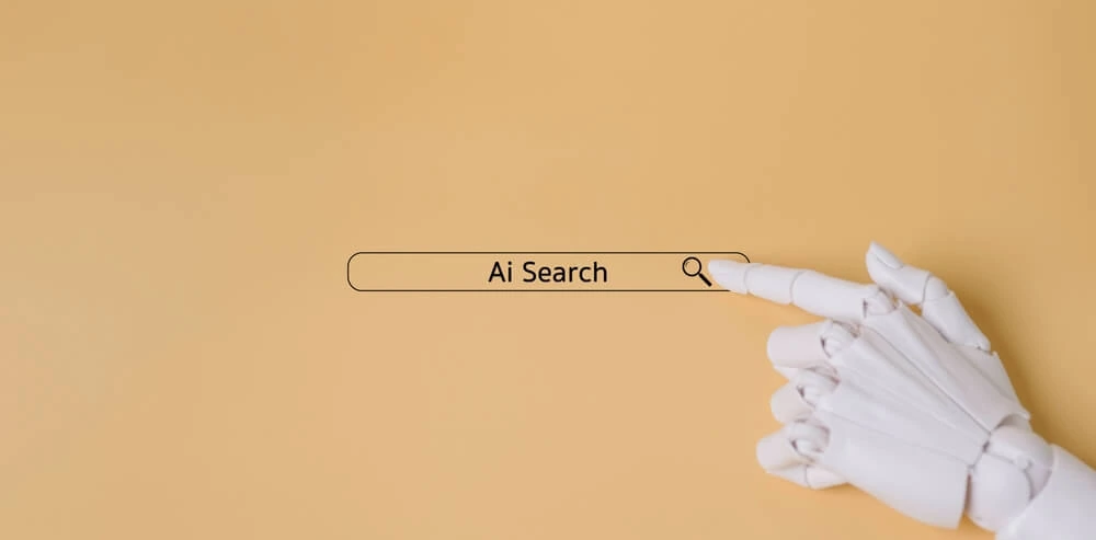 A robotic hand points to an "AI Search" bar, representing digital marketing and SEO.