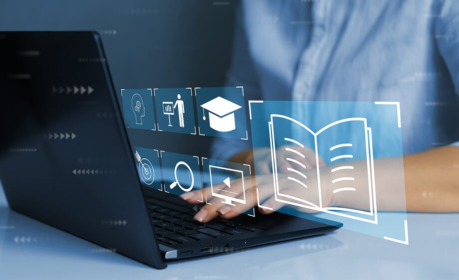 Person typing on laptop with digital marketing, SEO, and content marketing icons.