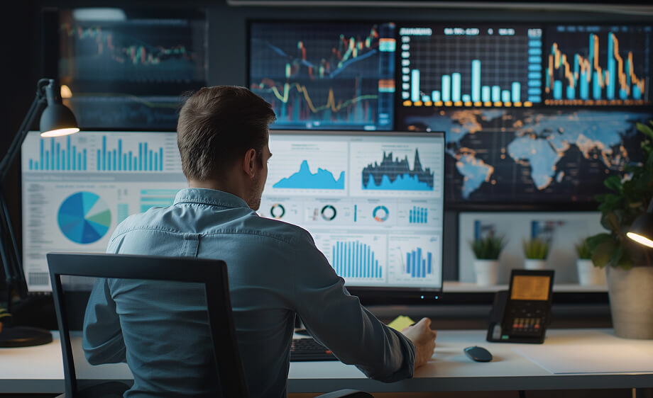 A digital marketing agency expert analyzes SEO, paid media, and content metrics on screens.