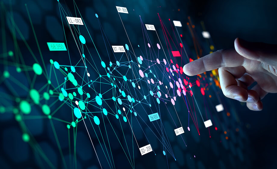 A hand points to a screen with colorful nodes, representing SEO and digital marketing.