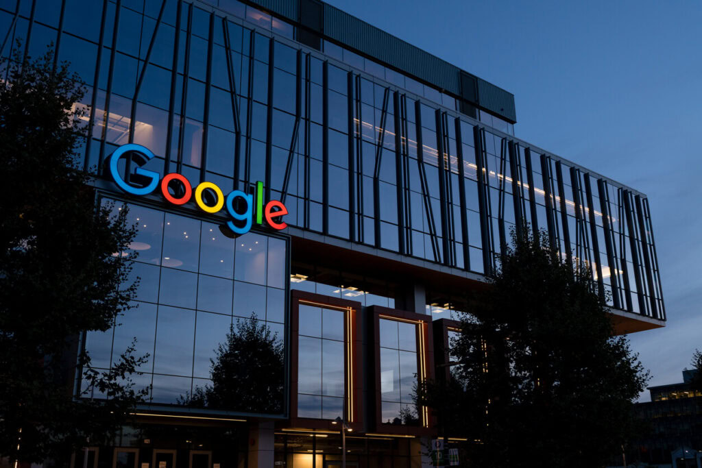 Modern office building with Google logo, home to digital marketing and SEO services.