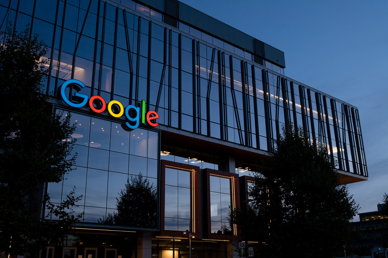 Modern office building with Google logo, home to digital marketing and SEO services.