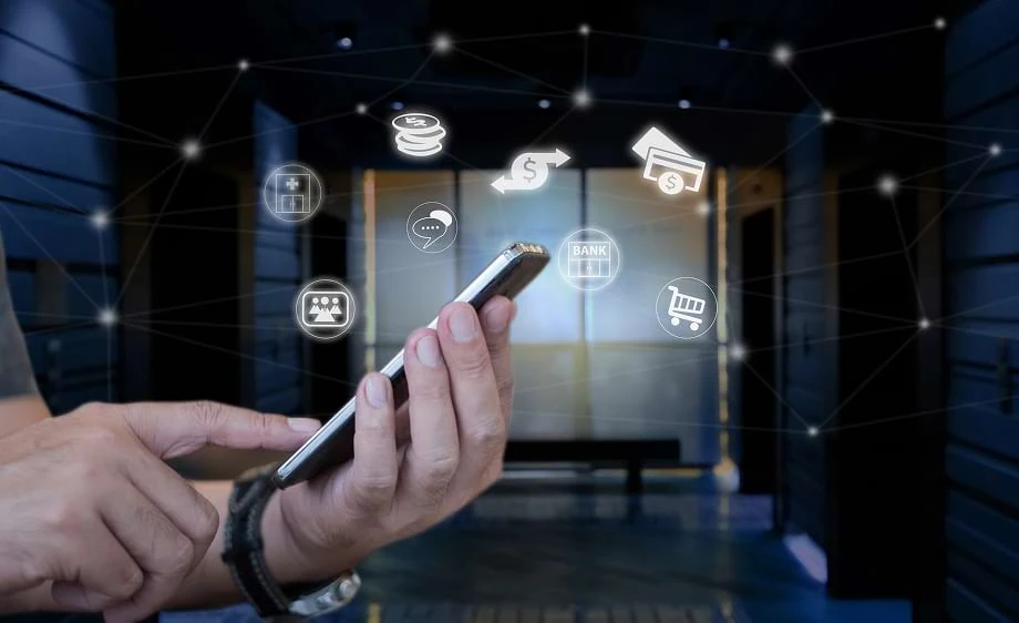 A user explores Mira Vie banking on mobile with icons for SEO, social media, and web development.