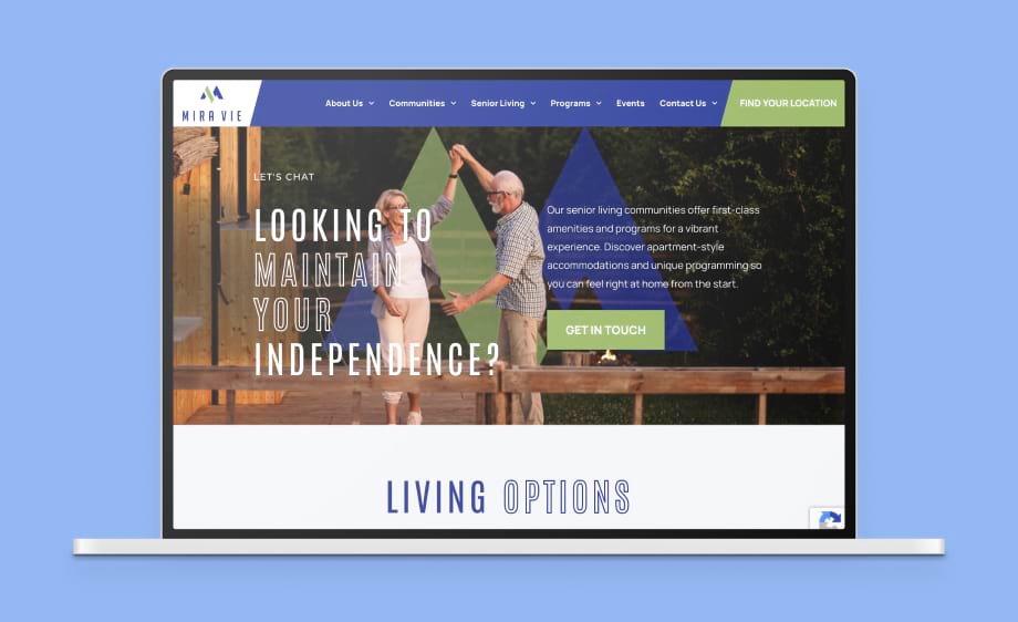A laptop shows a senior living website by a digital marketing agency, highlighting SEO.