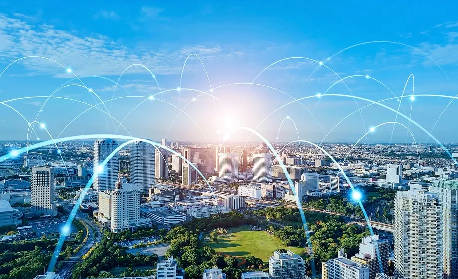 City skyline with digital lines symbolizing SEO, content marketing, and web development.