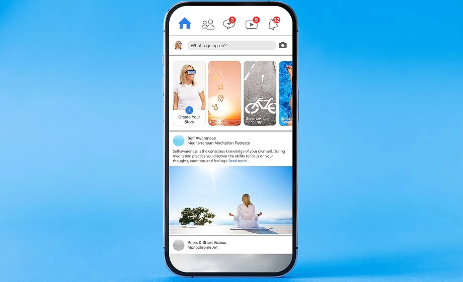 A smartphone shows a social media marketing feed for a digital marketing agency.