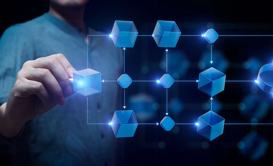 A marketer navigates a web of digital cubes, symbolizing SEO and content marketing.