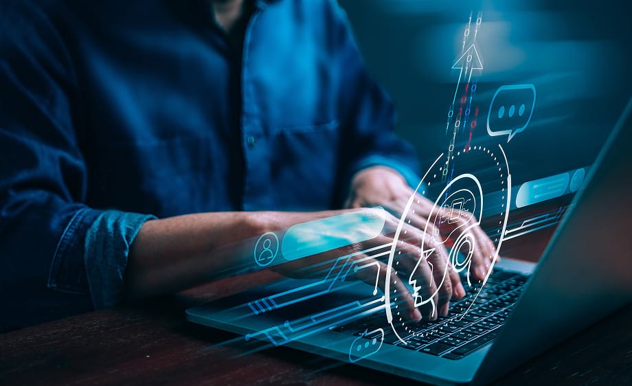 Person typing on a laptop with digital marketing, SEO, and content marketing icons.