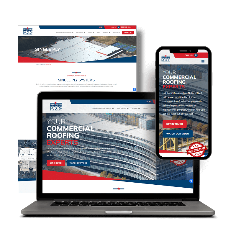 A digital marketing agency’s responsive web development for Nations Roof on devices.