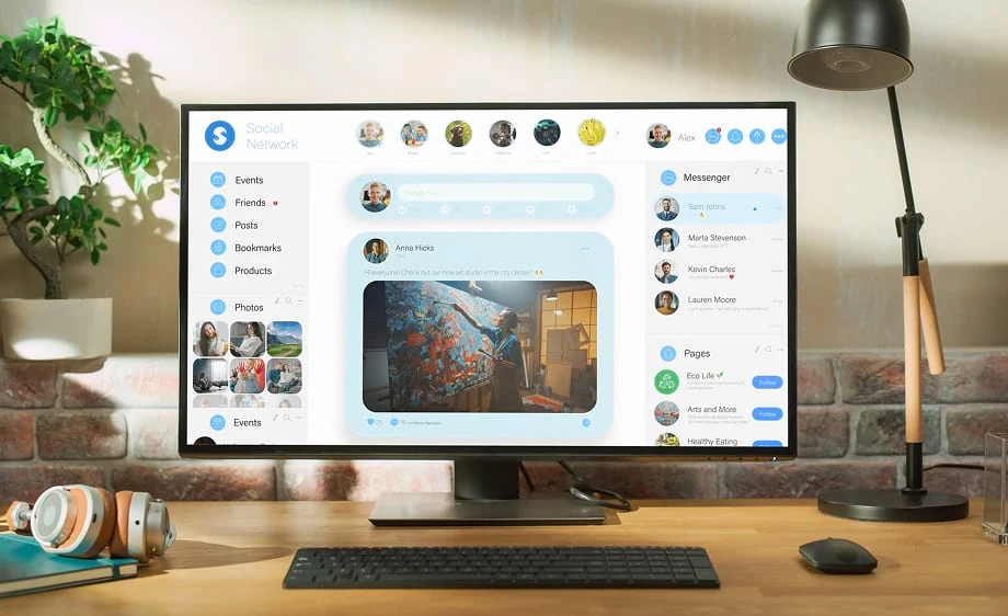 A monitor shows a digital marketing agency's social media and content marketing tools.