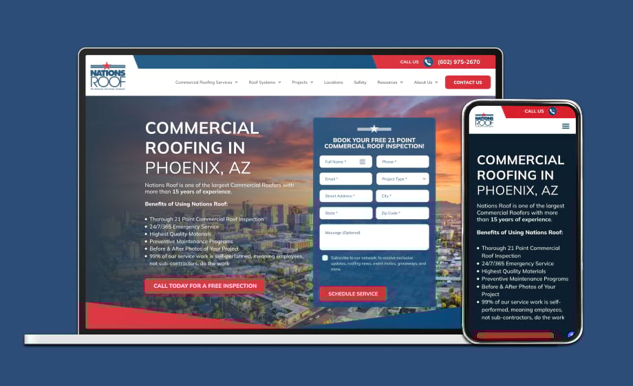 A laptop and smartphone show a web development agency’s SEO-driven homepage redesign.