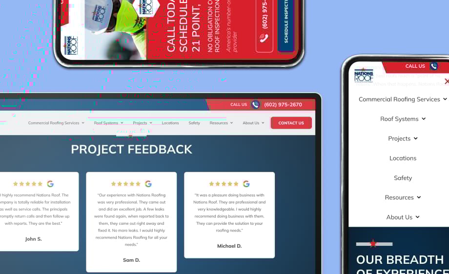Nations Roof’s site redesign shown on devices by a digital marketing agency.