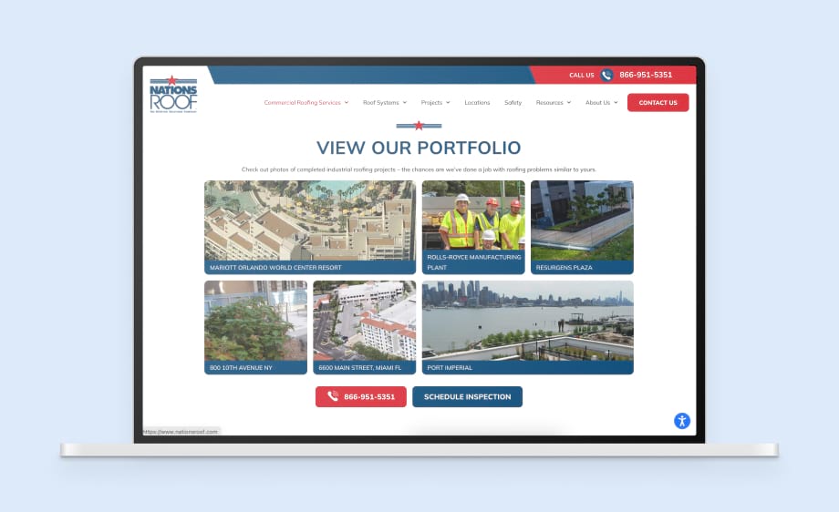 A laptop displays Nation Roof's site redesigned by a digital marketing agency.