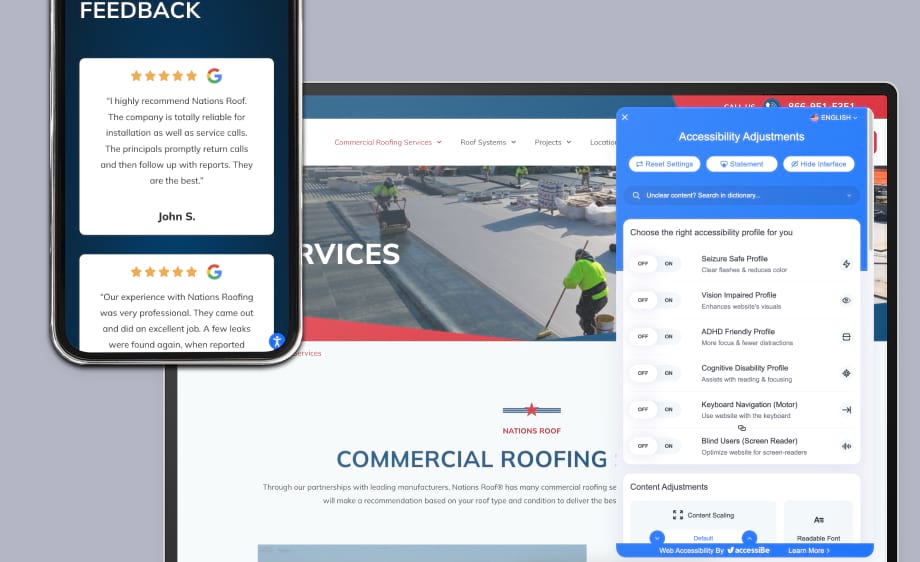 A digital marketing agency showcases web development, SEO services, and feedback tools.