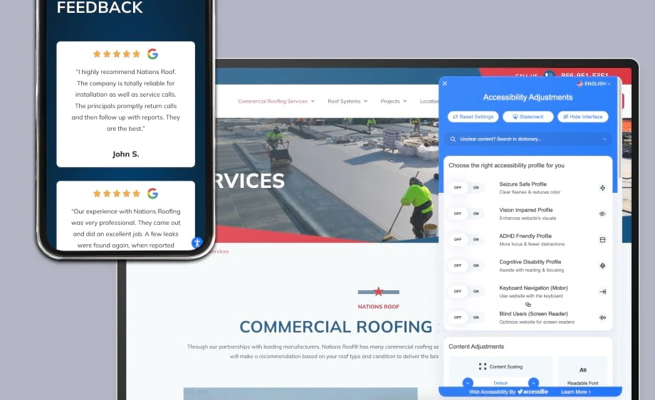 A digital marketing agency showcases web development, SEO services, and feedback tools.