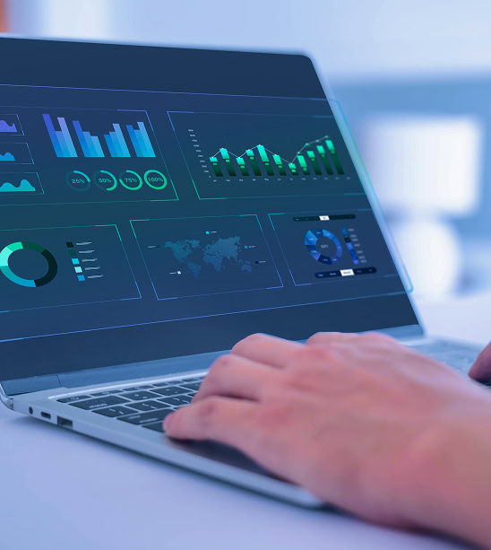 Digital marketing agency pro analyzing SEO, content, and social media dashboards on laptop.