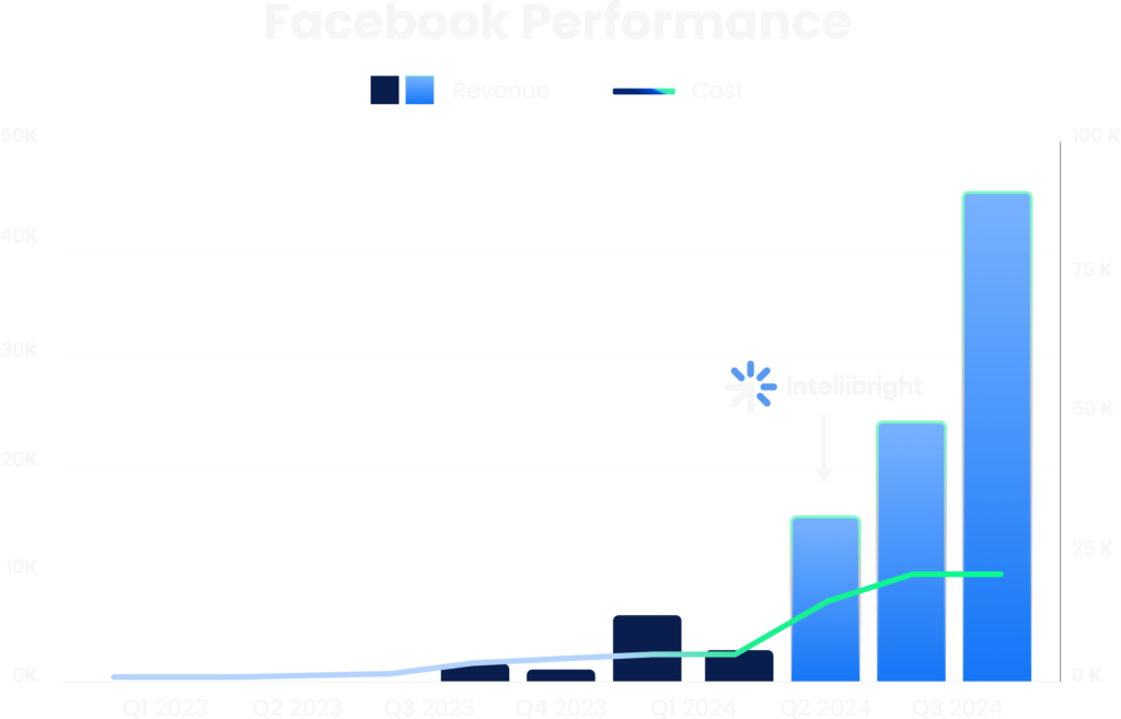 Bar chart showing Facebook revenue and cost trends with Q2 2024 growth, highlighted for digital marketing agency, SEO services, and paid media insights.