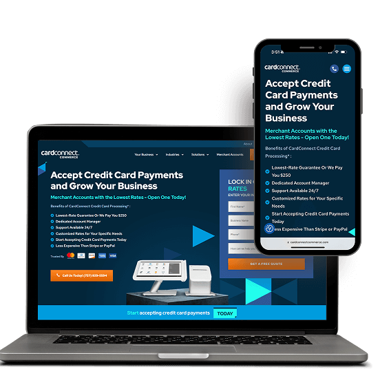 A laptop and smartphone show CardConnect’s site for digital marketing, SEO services, and payment solutions.