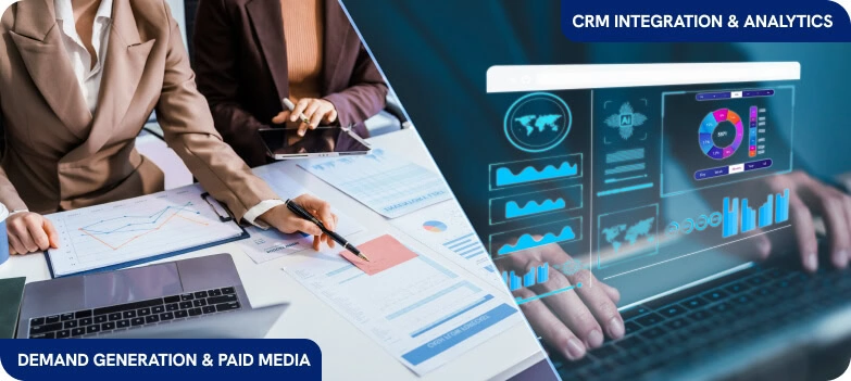 Two marketers at a desk review analytics charts and b2b dashboards for seo, paid media, and content marketing.