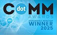 2025 dotCOMM Awards Honorable Mention graphic for digital marketing agency, on blue with circles.