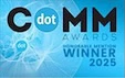 2025 dotCOMM Awards Honorable Mention graphic for digital marketing agency, on blue with circles.