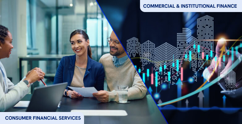 A financial advisor consults a couple in an office, with graphics showing SEO services, social media marketing, and finance terms.