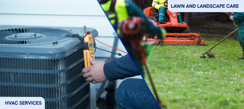 Split image shows HVAC technician and landscaping crew, ideal for a digital marketing agency promoting home services SEO and paid media campaigns.