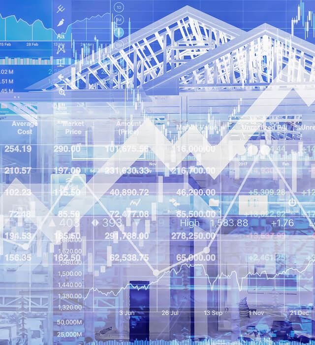 Stock market charts over a house frame, depicting SEO, paid media, and digital marketing trends.