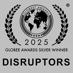 A silver 2025 Globee Awards badge for top digital marketing agency excellence.