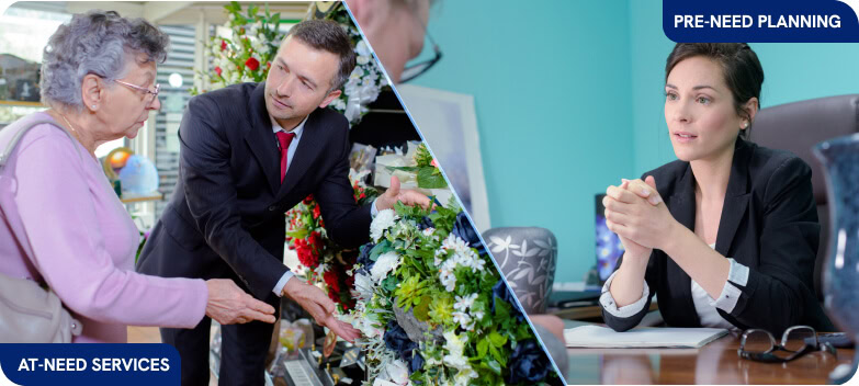 Split image: At-Need funeral services and Pre-Need planning, with digital marketing, SEO, and social media strategies visualized.