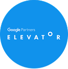 Google Partners Elevator logo for digital marketing agency on blue background.