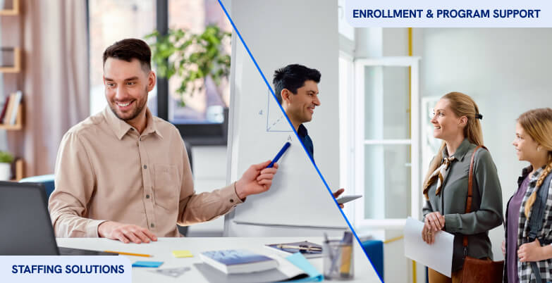 Split image: Left, man presents SEO and staffing; right, team discusses enrollment and digital marketing strategies.