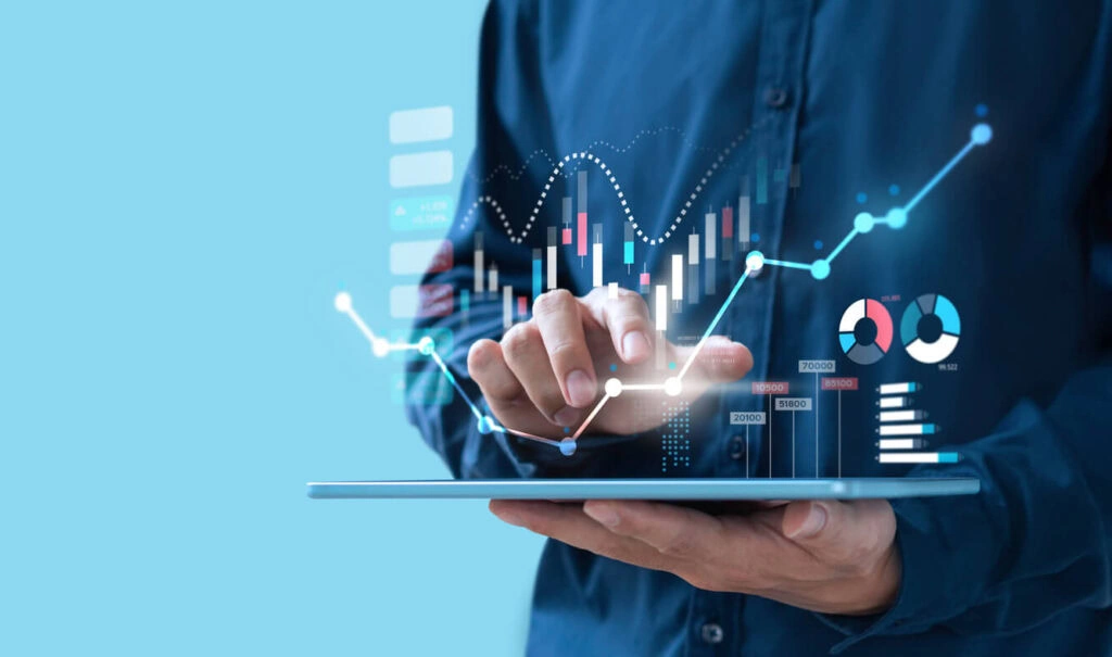 A person reviews SEO, content marketing, and social media data on a tablet.