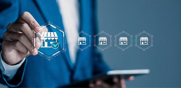 A professional selects a storefront icon on a digital marketing agency platform interface.