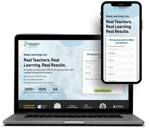 A laptop and smartphone show Proximity Learning's site with digital marketing, SEO, and web development services.