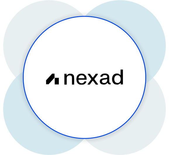 Circular logo for Nexad digital marketing agency with SEO and web development icon.