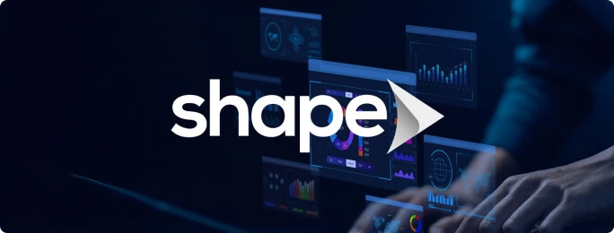A marketer uses a touchscreen with analytics charts, "shape," and play button for digital marketing agency SEO, content, and paid media insights.