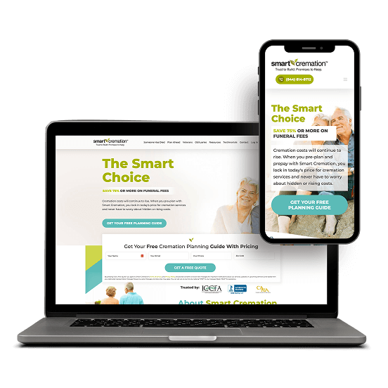 A laptop and smartphone show a cremation site homepage, highlighting web development and digital marketing for funeral homes.