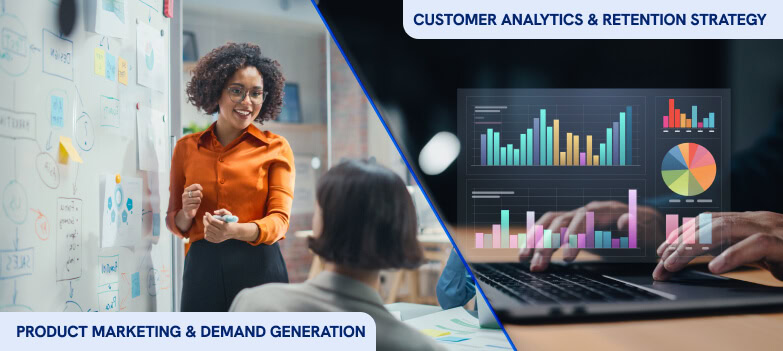 A woman leads a digital marketing agency meeting as analytics, SEO services, and content marketing strategies are discussed.