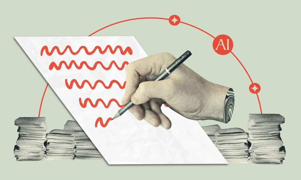 A hand sketches on paper amid documents, AI icons, and digital marketing agency tools.