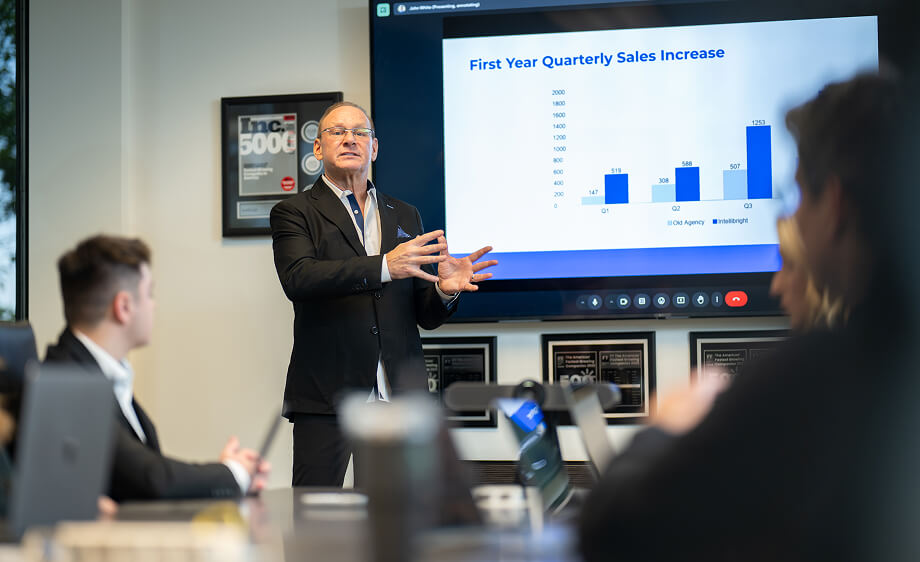 A digital marketing agency leader presents quarterly SEO and content marketing results.