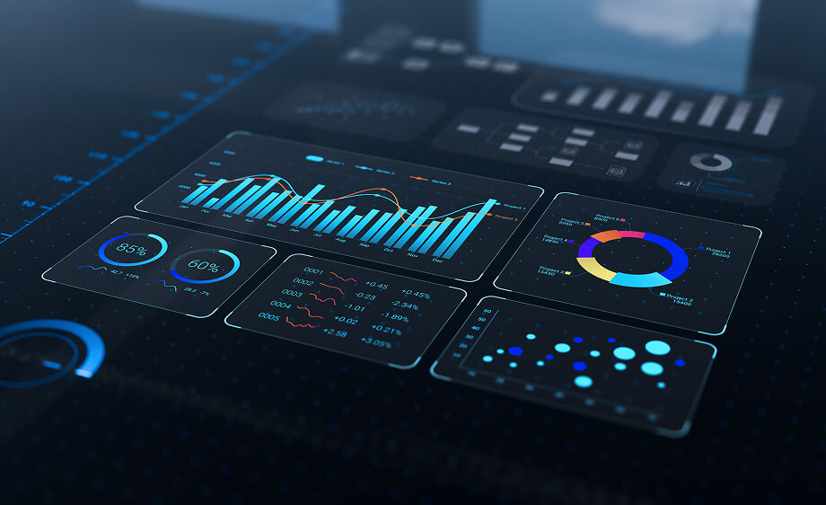 A digital marketing dashboard with SEO, content, and social media analytics graphs.