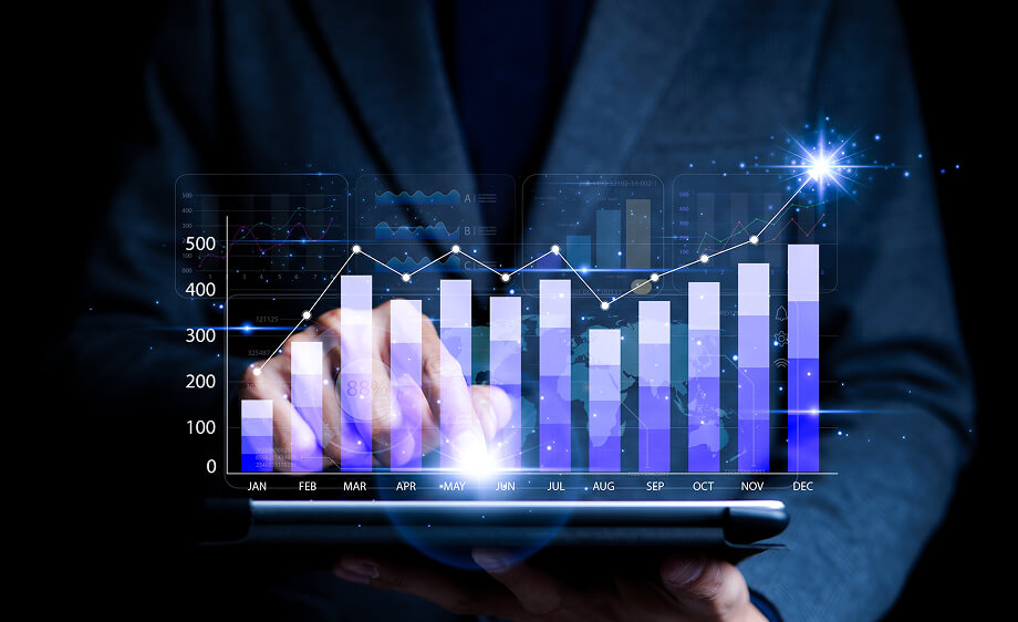 A marketer in a suit uses a tablet showing growth in SEO, PPC, and content marketing.