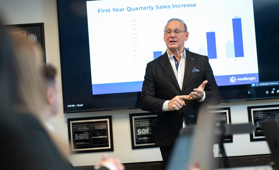 A digital marketing agency expert shows SEO and social media sales growth data to clients.