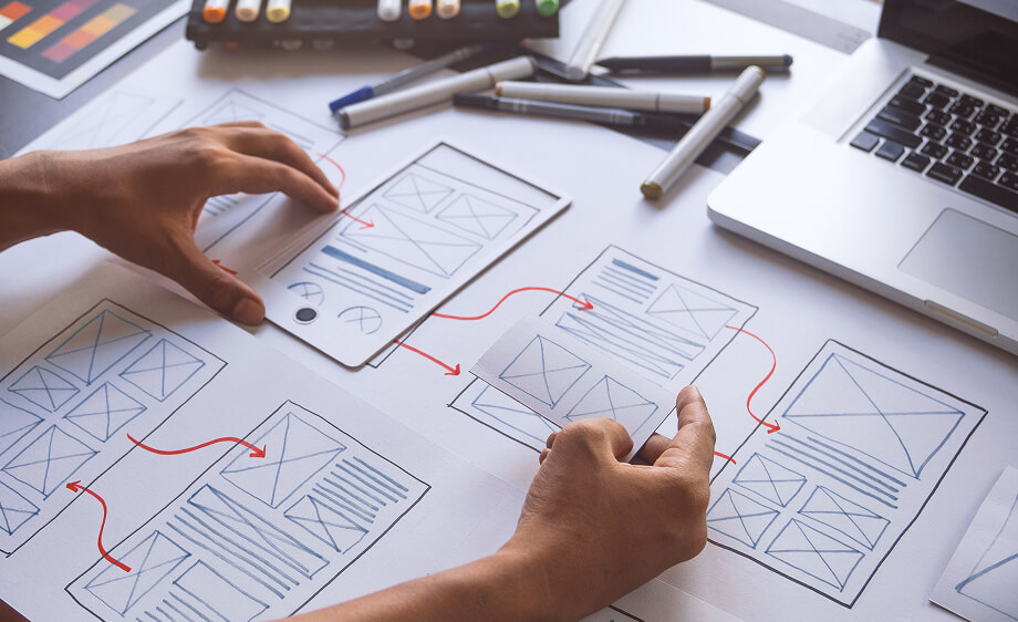 Digital marketing agency team plans web development, SEO, and social media strategy.