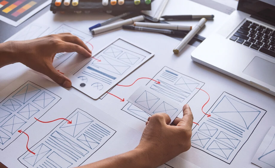 Digital marketing agency team plans web development, SEO, and social media strategy.