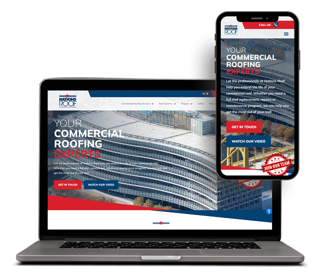A laptop and phone show a roofing site, highlighting SEO, web development, and marketing.