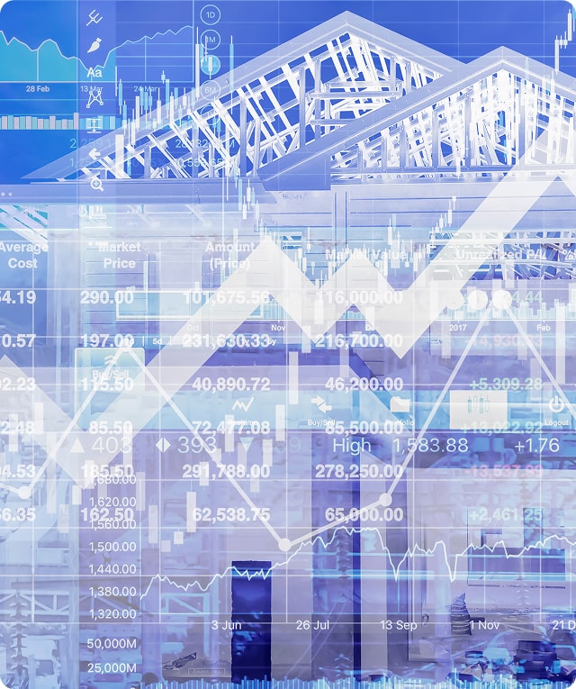 Abstract image of stock market charts, homes, and digital marketing analytics overlay.
